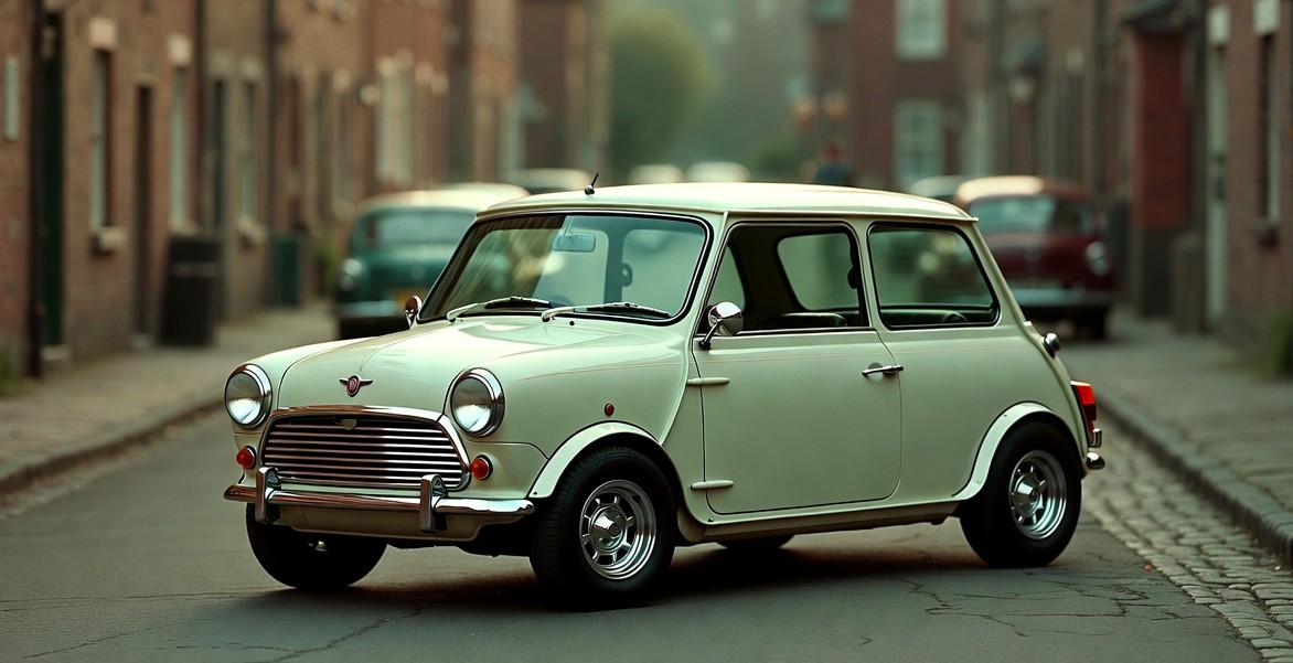Mini Cooper Mk1 classic British car parked on a 1960s street showcasing iconic compact design.
