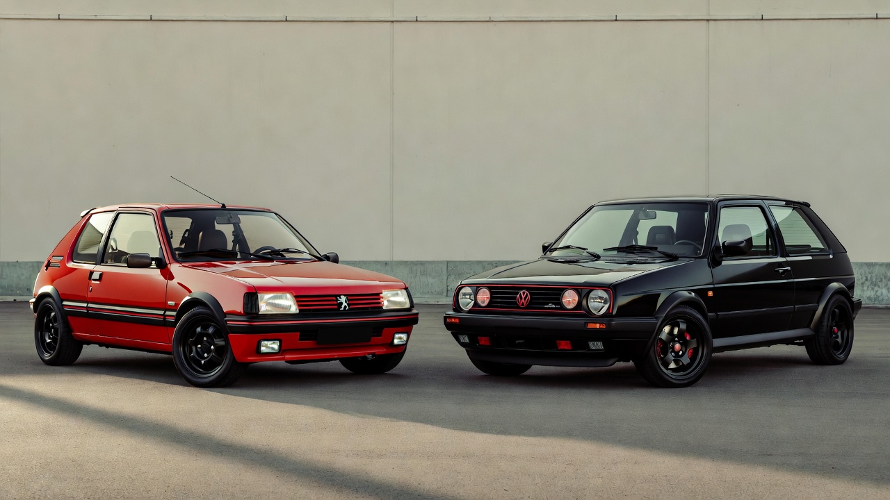 Peugeot 205 GTI compared with Volkswagen Golf GTI Mk2 highlighting classic hot hatch rivalry.
