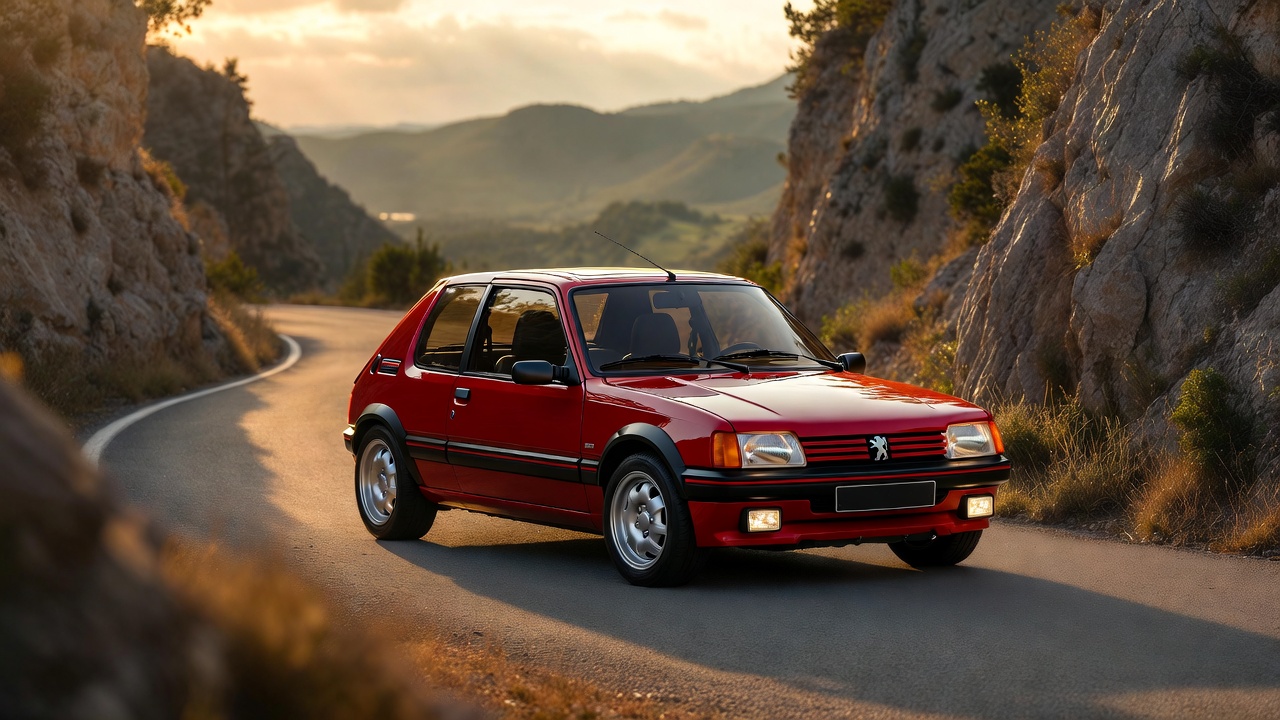 Peugeot 205 GTI classic hot hatch parked on a scenic mountain road showcasing its iconic red GTI styling.