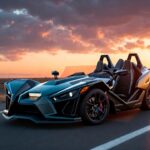 Polaris Slingshot three-wheeled open-air roadster parked on an open highway during sunset showing its aggressive front design and futuristic styling