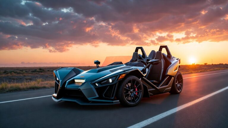 Polaris Slingshot three-wheeled open-air roadster parked on an open highway during sunset showing its aggressive front design and futuristic styling