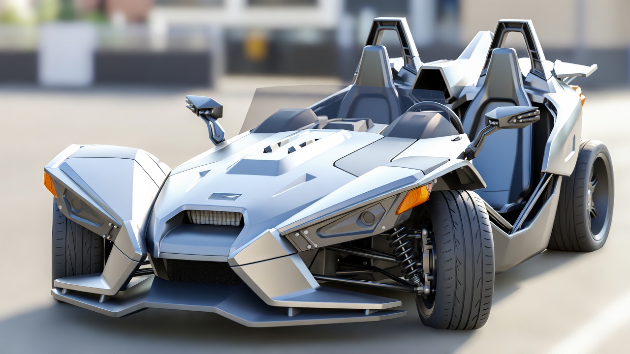 Polaris Slingshot three-wheel design showing dual front wheels and single rear wheel structure