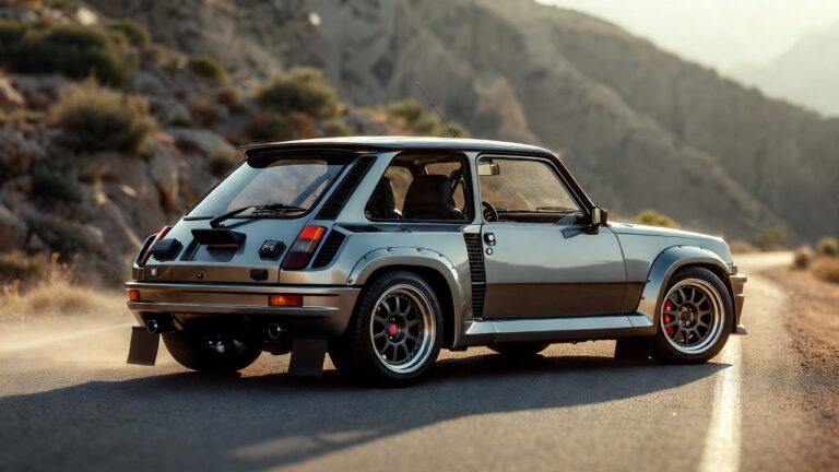 Renault 5 Turbo rally-inspired wide-body hatchback parked on a mountain road