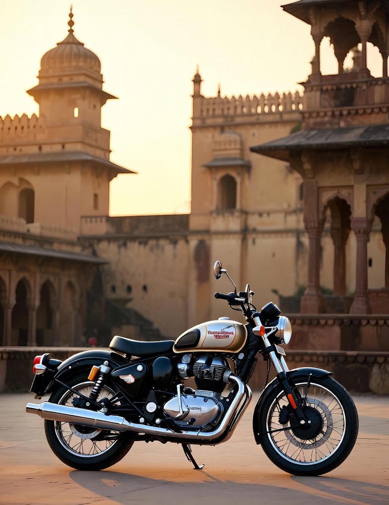 Royal Enfield Bullet 650 parked near heritage fort at sunset representing legacy
