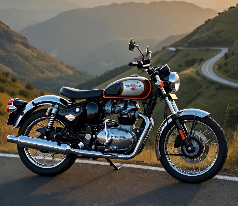 Royal Enfield Bullet 650 with chrome tank parked on a mountain road at sunrise.