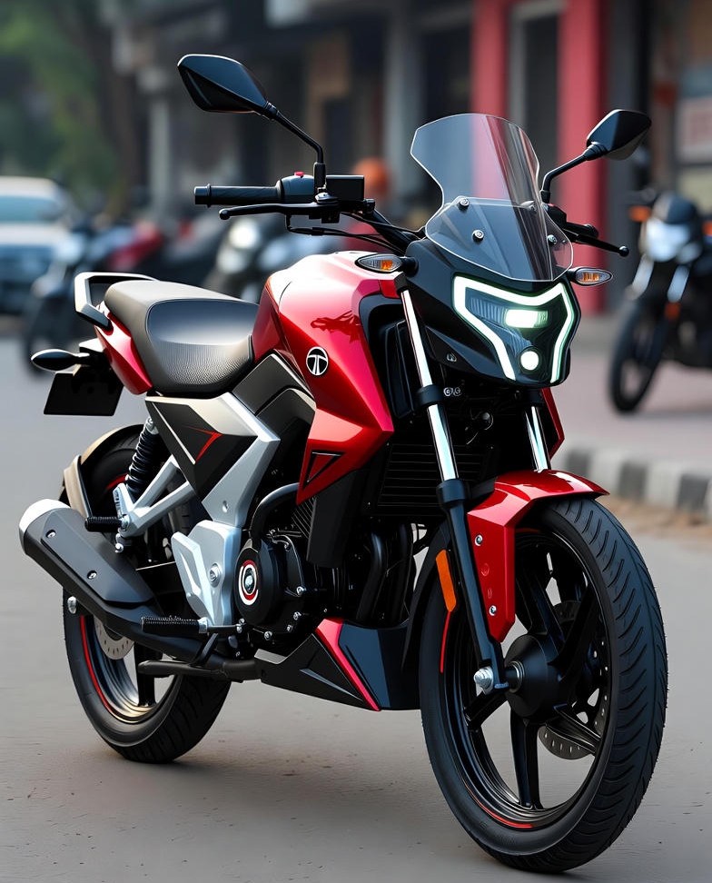 Red Tata Bike 125cc concept design with sporty look and LED headlights. and parked on the side of Road.