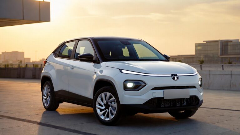 Tata Punch EV parked in modern Indian city showing compact electric SUV design.