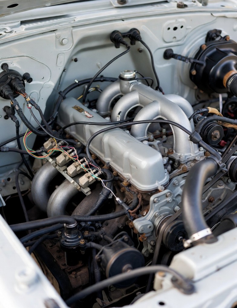 Toyota Land Cruiser FJ40 engine bay showing robust inline six-cylinder engine design.