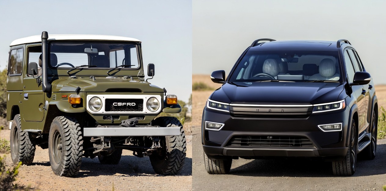 Toyota Land Cruiser FJ40 compared with a modern SUV highlighting classic and modern design differences.