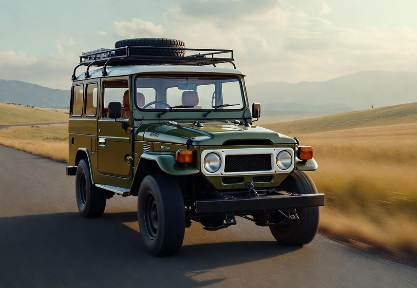Toyota Land Cruiser FJ40 on open road representing raw driving experience and adventure.