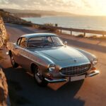 Volvo P1800 classic Swedish sports car parked on a scenic coastal road.