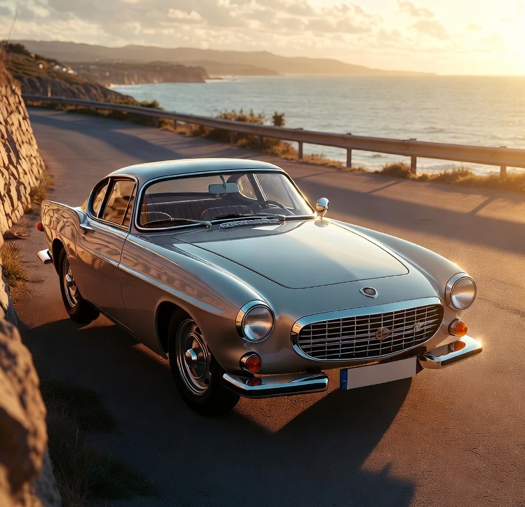 Volvo P1800 classic Swedish sports car parked on a scenic coastal road.