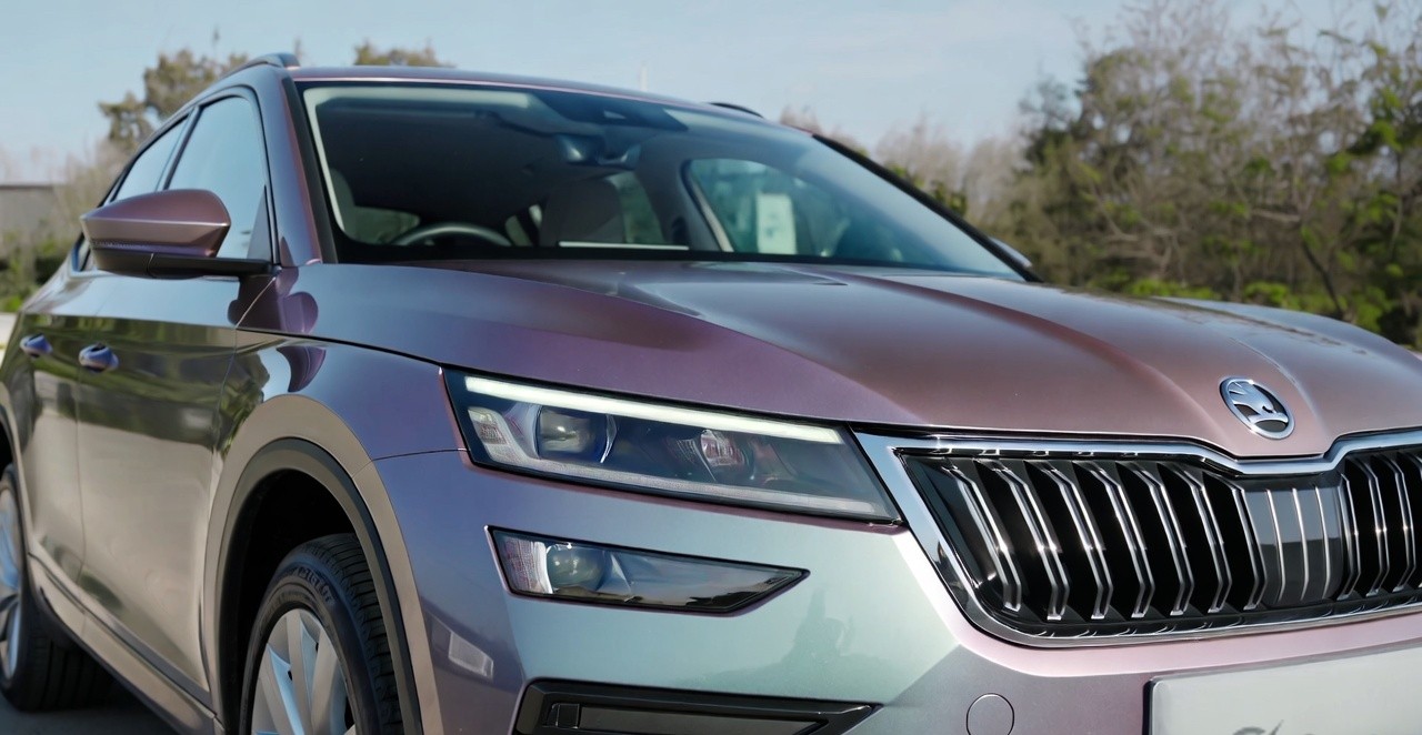 Skoda Kylaq front grille and LED headlamps close-up design detail.