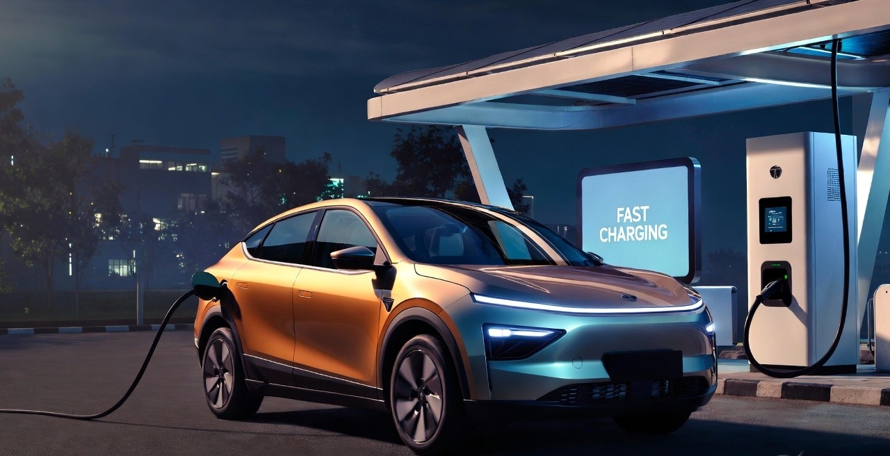 Tata Sierra EV charging at fast charging station in India.