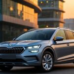 Skoda Kylaq compact SUV front three quarter view in urban Indian city setting.