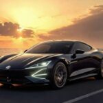 MG Cyberster electric roadster driving on a scenic highway showcasing futuristic EV sports car design.