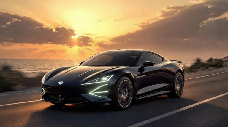 MG Cyberster electric roadster driving on a scenic highway showcasing futuristic EV sports car design.