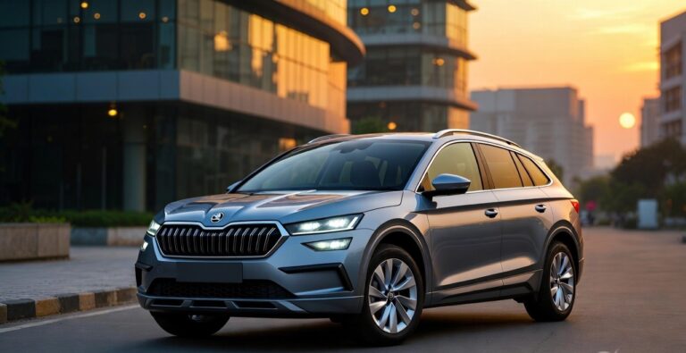 Skoda Kylaq compact SUV front three quarter view in urban Indian city setting.