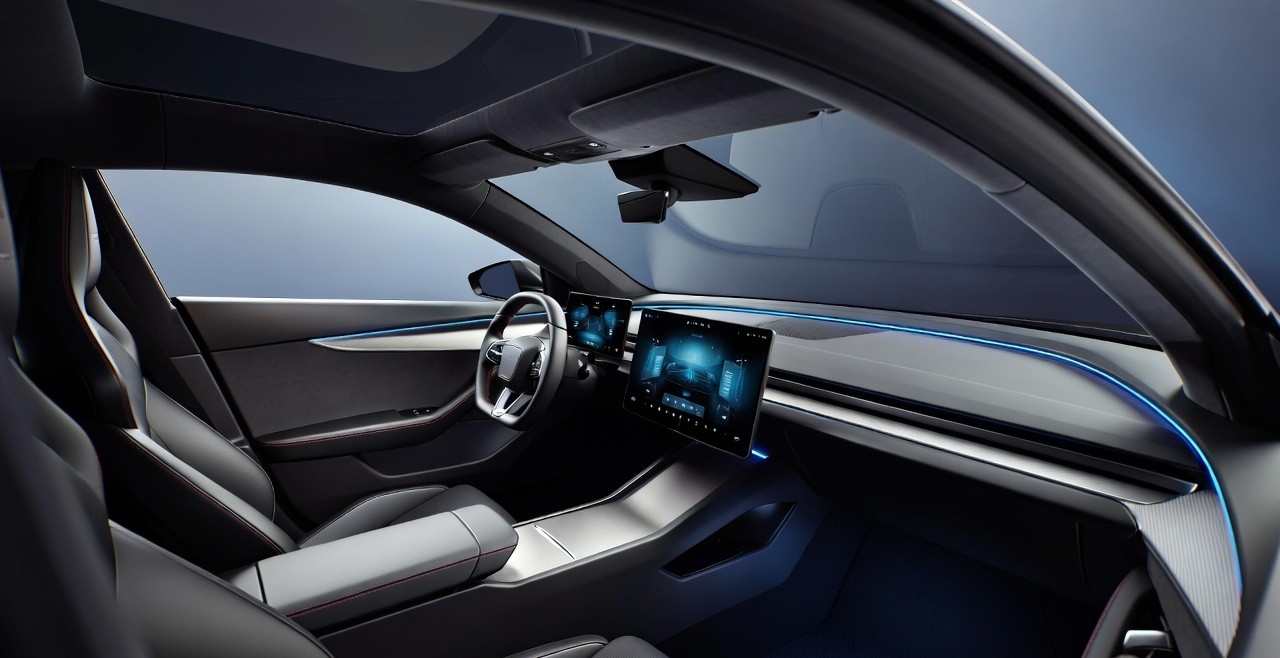 Interior cockpit of MG Cyberster showing digital dashboard and premium cabin.