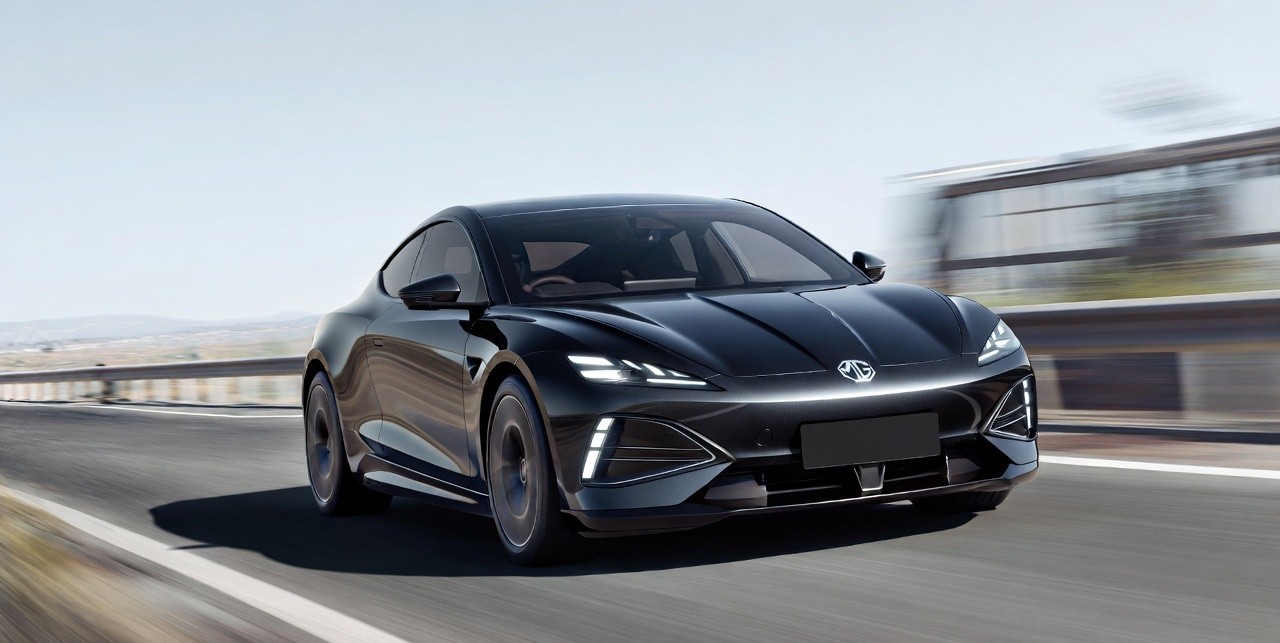 MG Cyberster electric sports car accelerating on highway.