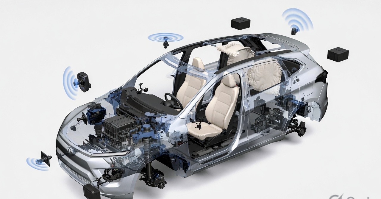Tata Sierra safety features with airbags and strong body structure illustration.