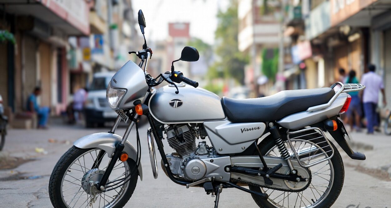 Indian commuter Tata Bike 125cc motorcycle parked on city street for daily use