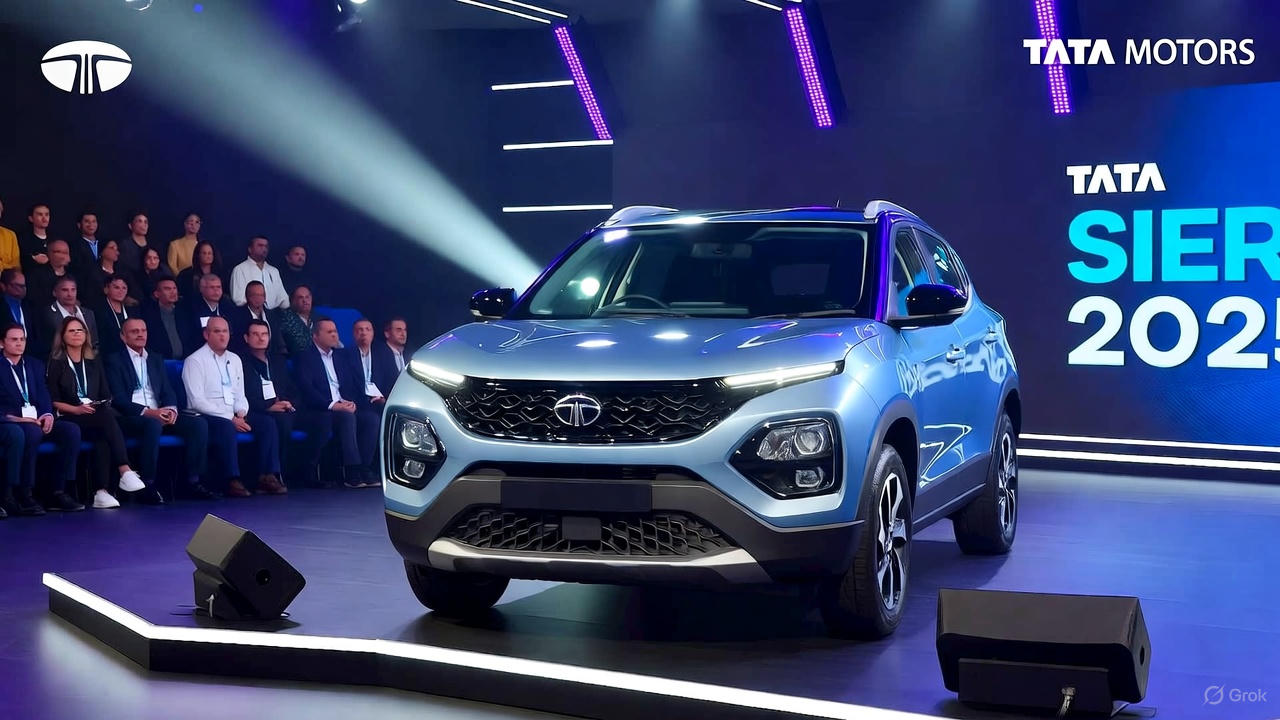 Tata Sierra 2026 bold LED light signature at dusk.