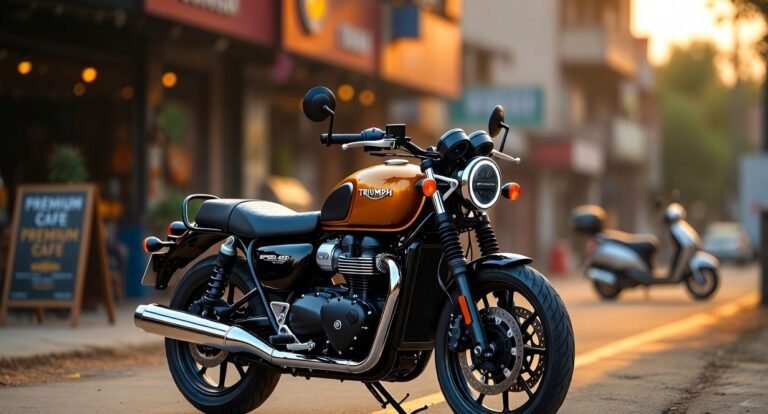 Triumph 350cc Speed 400 modern classic motorcycle parked on an urban street in India.