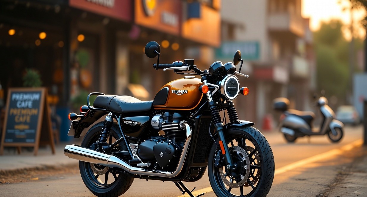 Triumph 350cc Speed 400 modern classic motorcycle parked on an urban street in India.