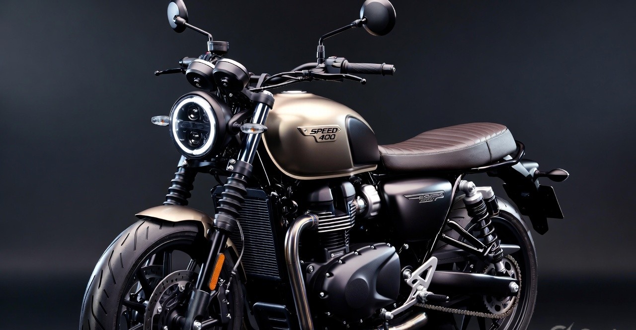 Front design of Triumph Speed 400 showing round LED headlamp and muscular fuel tank.