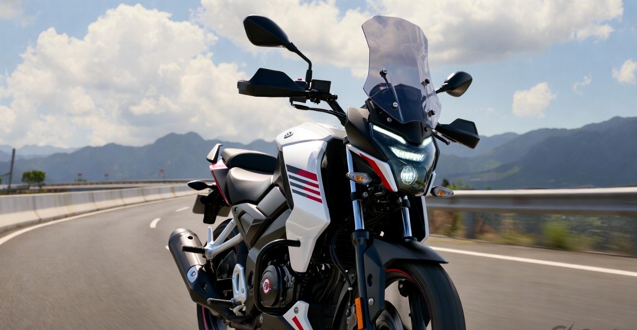 Front design of TVS Apache RTX 300 showing LED headlights and adventure bike styling.