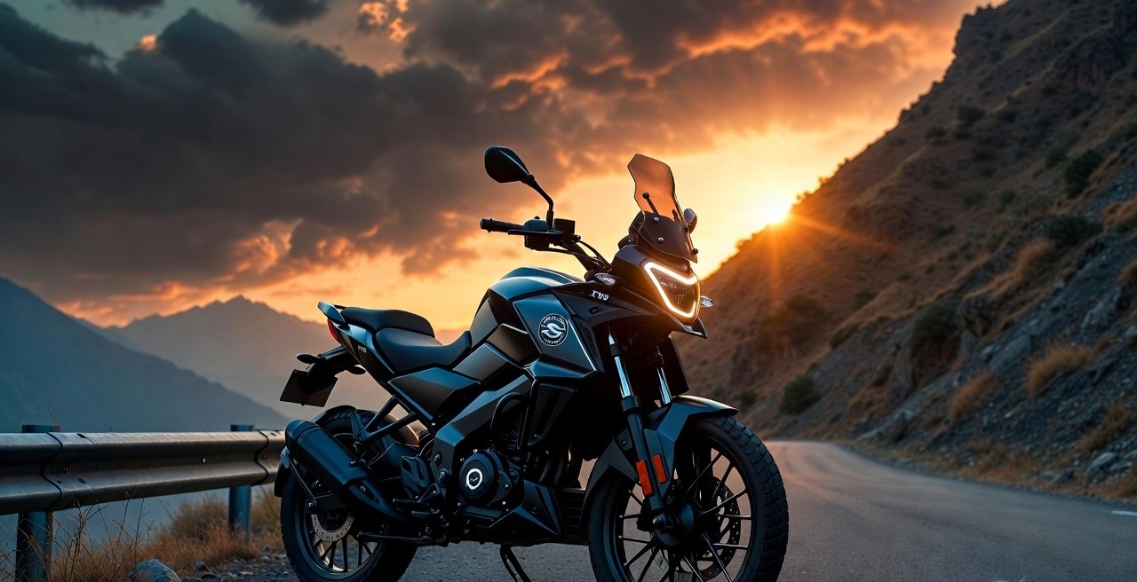 TVS Apache RTX 300 adventure motorcycle parked on a mountain road showing rugged design and touring stance.