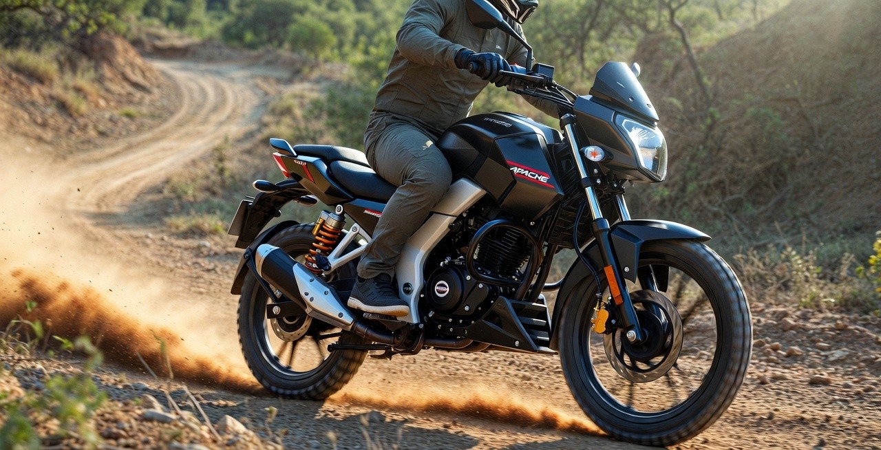 TVS Apache RTX 300 riding off road demonstrating suspension travel and adventure capability.