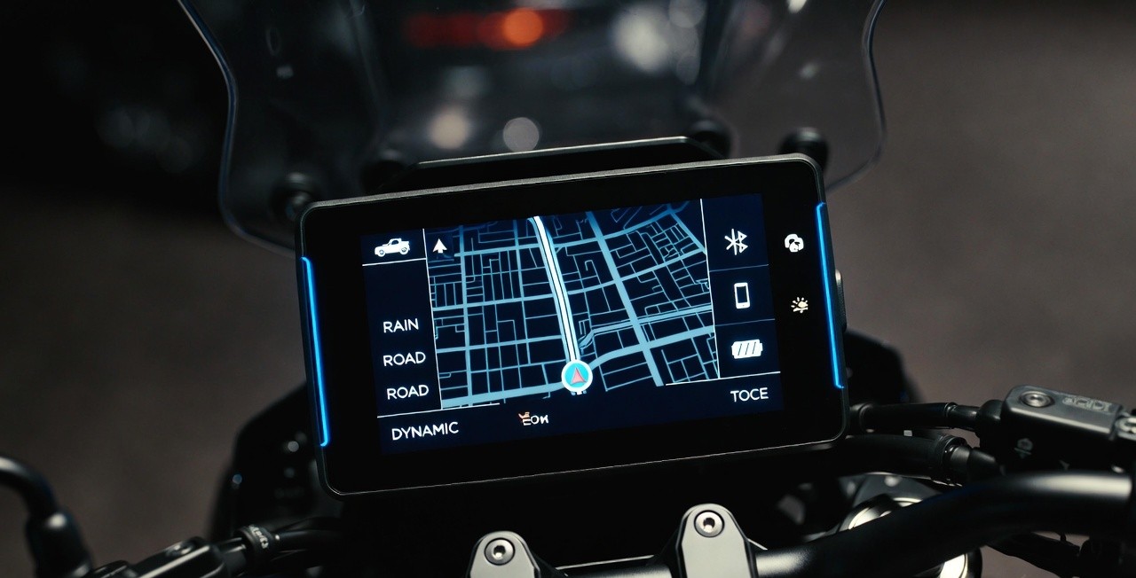 Digital TFT instrument cluster of TVS Apache RTX 300 showing navigation and ride modes.